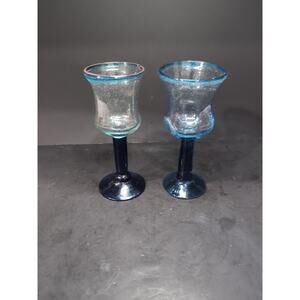 Mexican Handblown Wine Goblets, Clear Glass with Aqua Blue‎ Rim, Stem, Set of 2